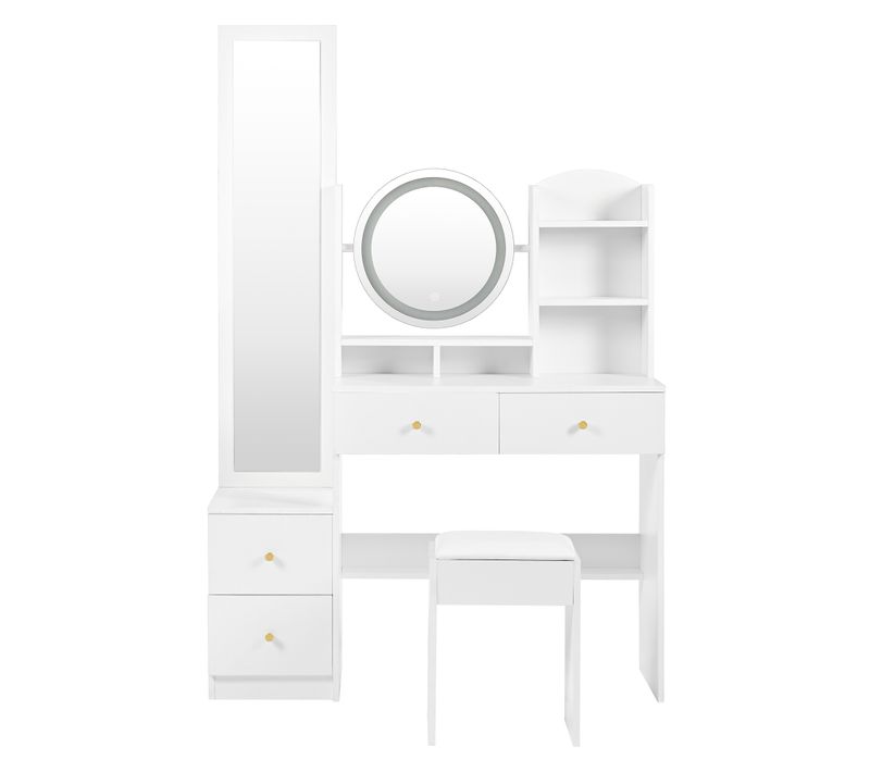Coiffeuse Avec 4 Tiroirs Et Miroir Rotatif à 360 Degrés, Lumière LED Et Tabouret En Blanc