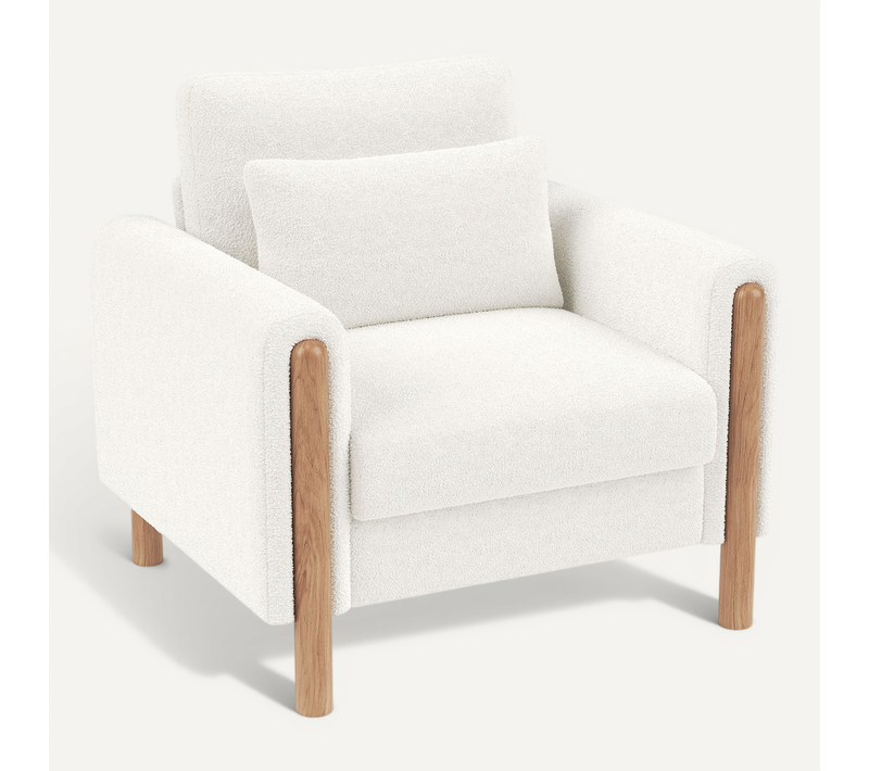 Fauteuil Avec Structure Et Pieds En Bois Massif, Avec Coussins En Velours Teddy Blanc