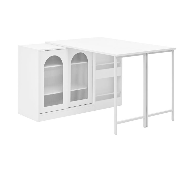 Ilot Central Cuisine Comptoir Avec Table Rotative Et Rétractable à 360° Et Portes Coulissantes Blanc