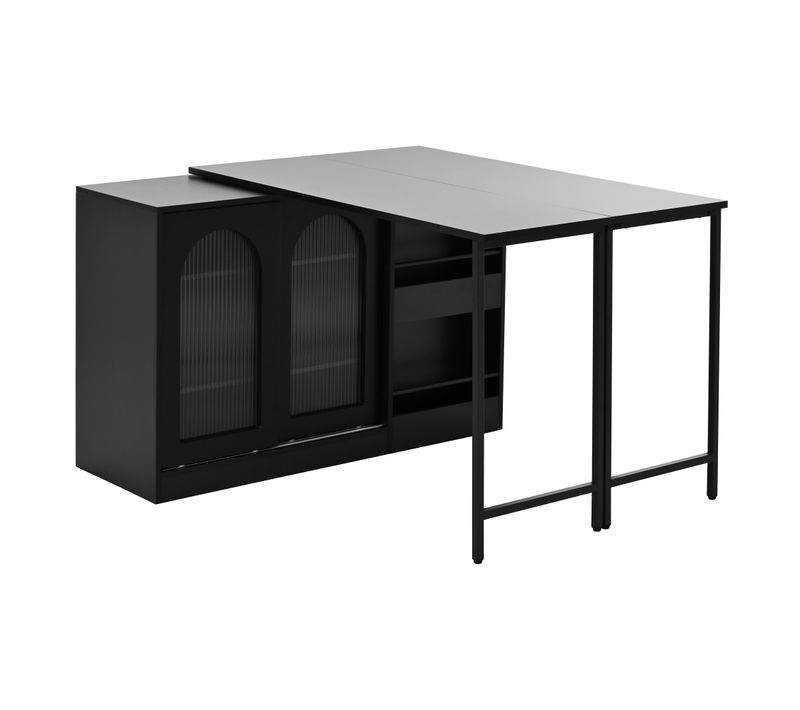 Ilot Central Cuisine Comptoir Avec Table Rotative Et Rétractable à 360° Et Portes Coulissantes Noir