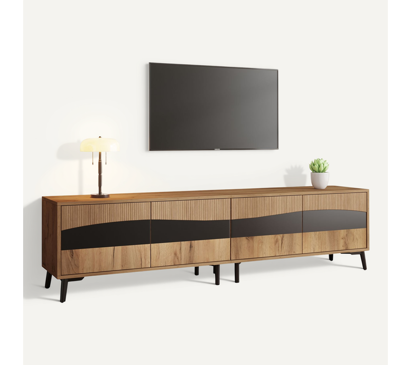 Meuble TV Acev 4 Portes Noir + Imitation Chêne