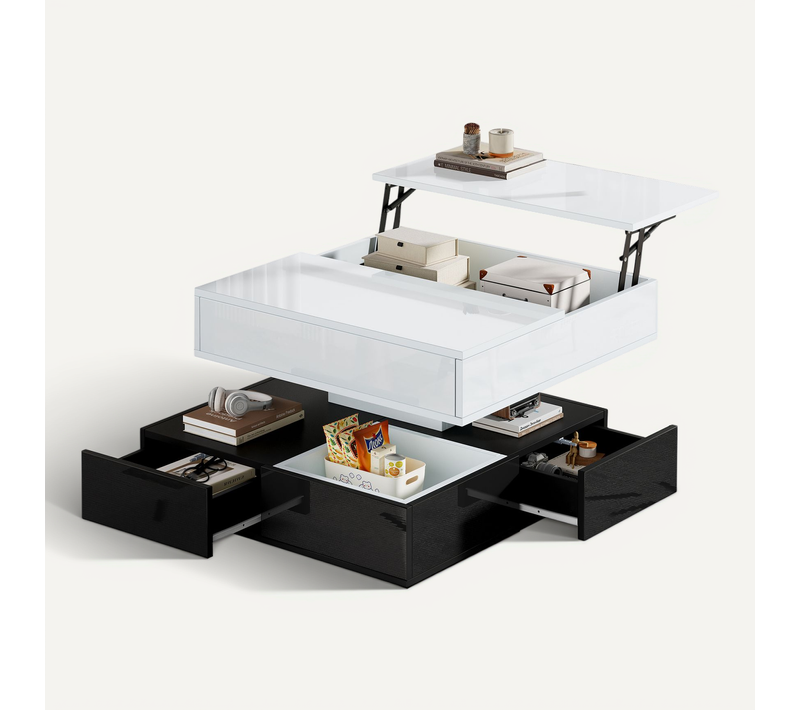 Table Basse Avec Un Bureau Rotatif Et Réglable à 360 Degrés Et 2 Tiroirs Noir