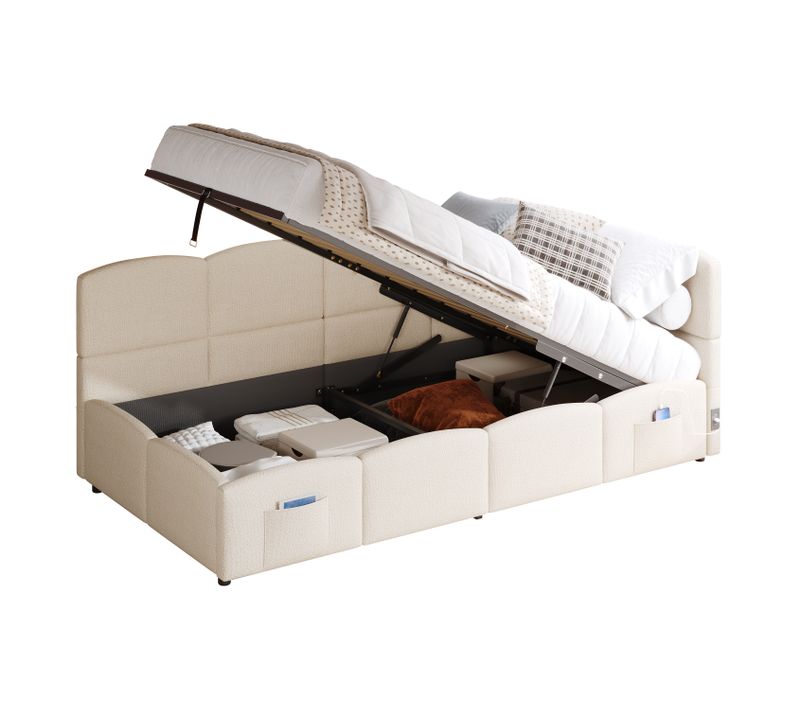 Lit Enfant Coffre 90x200 Cm Avec USB Et Poches De Rangement Latérales Velours Beige