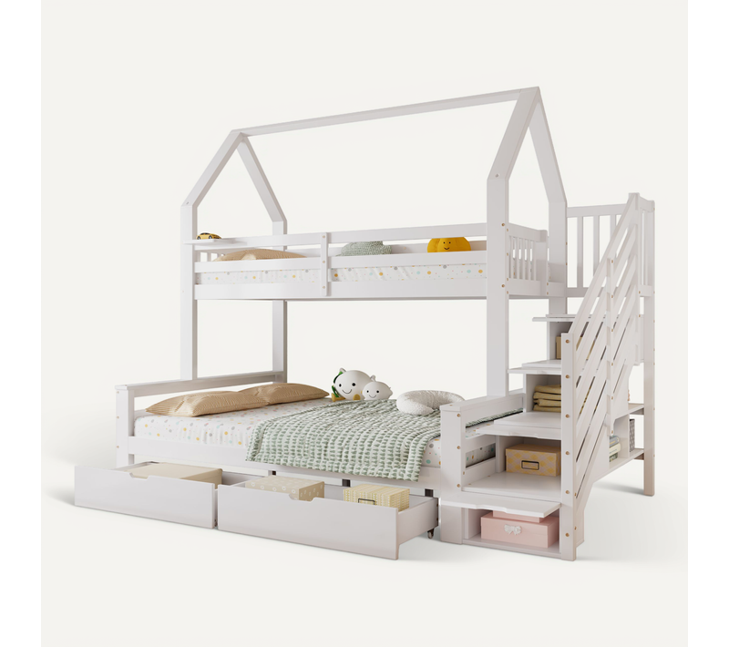Lit Superposé Cabane 90x200cm + 140x200cm Avec 2 Tiroirs Et 4 Escaliers De Rangement Blanc