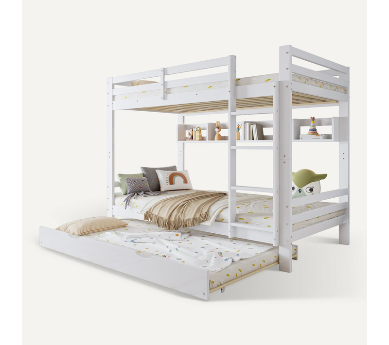 Lit Superposé 2x90x200cm Avec Lit Gigogne 90x190cm Blanc