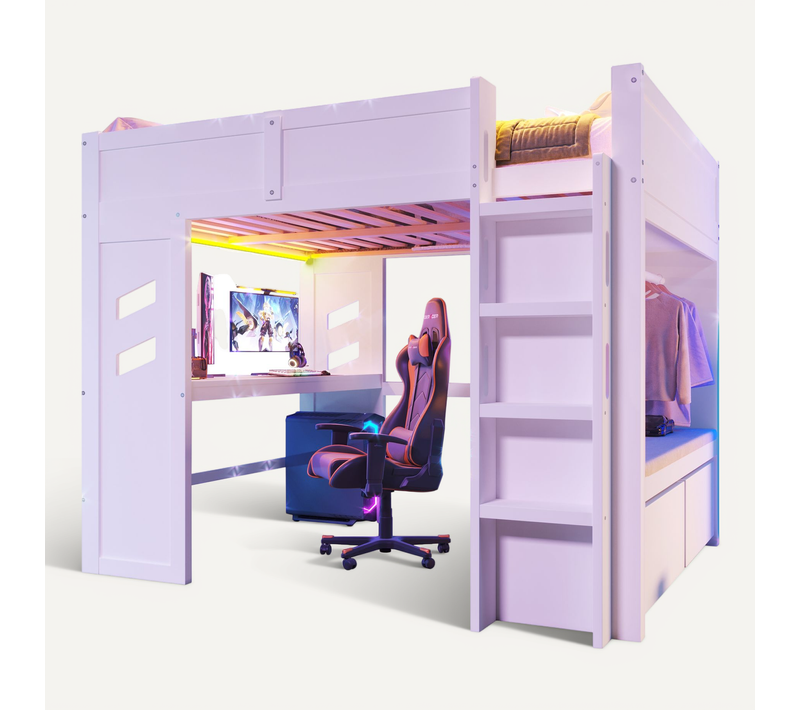 Lit Mezzanine 140x200cm Avec LED, USB, Bureau, Penderie Et 2 Tiroirs Blanc
