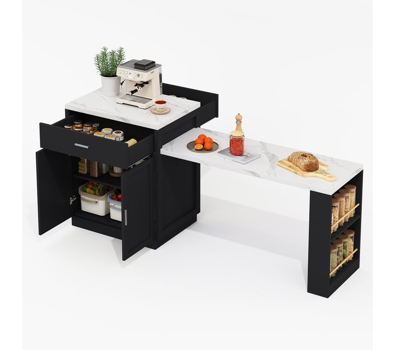 Ilot Central Cuisine Comptoir Avec Plateau Rétractable, 2 Tiroirs Et 2 Portes Noir