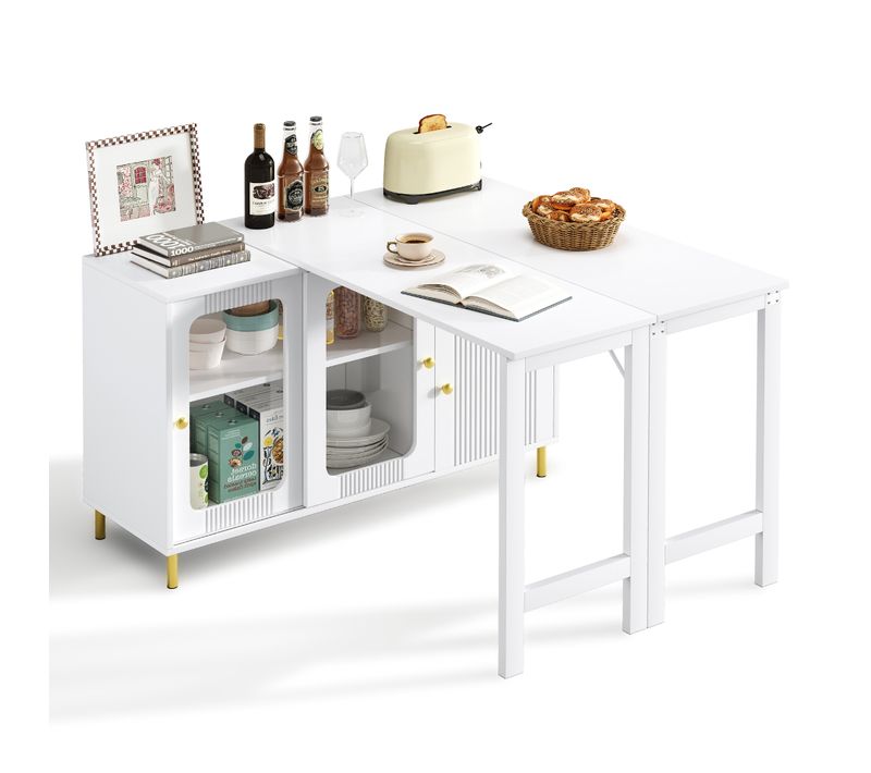 Ilot Central Cuisine Comptoir Avec Table Rotative Et Rétractable à 360° Et Portes Coulissantes Blanc