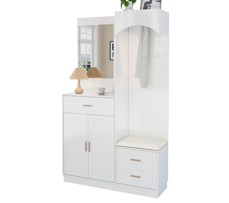 Armoire Avec 3 Portes, 1 Tiroir, Miroir Et Banc à Chaussures Blanc