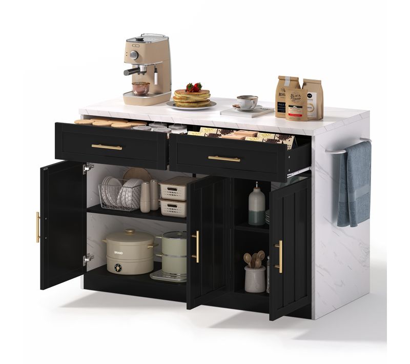 Ilot Central Cuisine Comptoir Avec 3 Portes Et 2 Tiroirs Noir