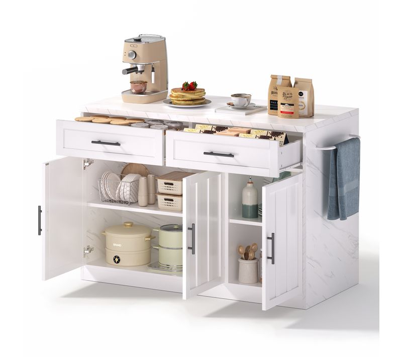 Ilot Central Cuisine Comptoir Avec 3 Portes Et 2 Tiroirs Blanc