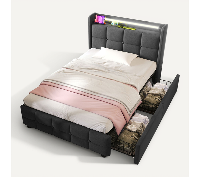 Lit 90 X 200cm Avec 2 Tiroirs + USB + LED - Lin Gris