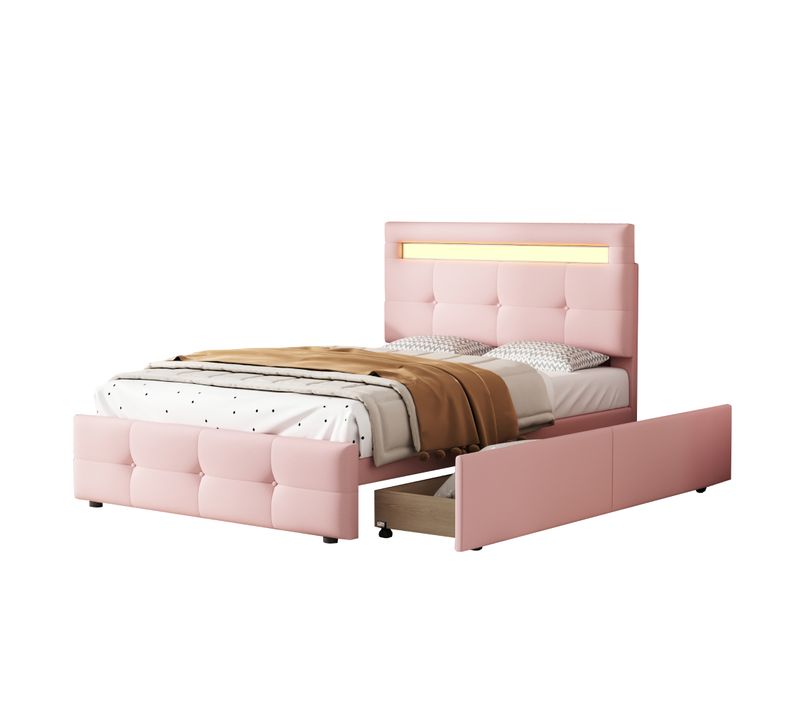 Lit Enfant + 2 Tiroirs Avec Éclairage LED Rose 90x200 Cm