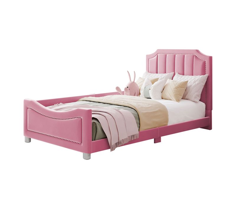 Lit Enfant Lit Rembourré 90 X 200 Cm Canapé-lit Avec Tête De Lit En Rose