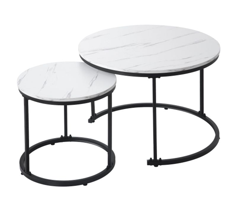 Ensemble De 2 Tables Basses Rondes Avec Cadre En Métal Et Plateau En Panneaux Placage Marbre Blanc