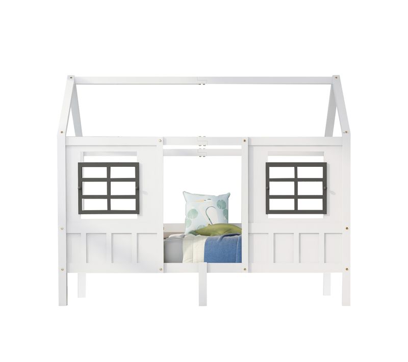 Lit Cabane 90 X 200 Cm Blanc Avec Sommier Et Fenêtres
