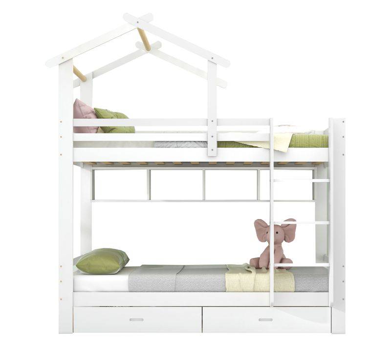 Lit Superposé Cabane Avec Étagère Et 2 Tiroirs 90 X 200 Cm Blanc