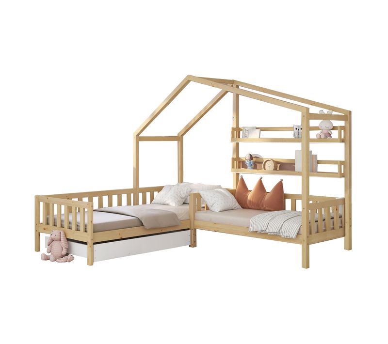 Lit Enfant En Forme De Cabane 90x200 Cm + 140x70 Cm En Bois Avec 1 Tiroir + 2 Racks De Stockage