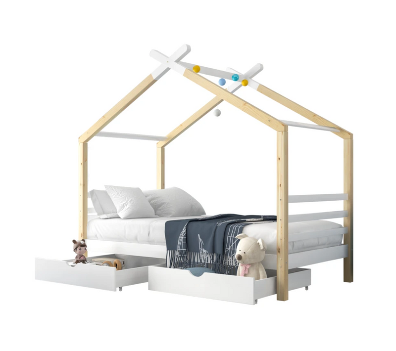 Lit Cabane 90 X 200 Cm 2 Tiroirs Blanc + Bois