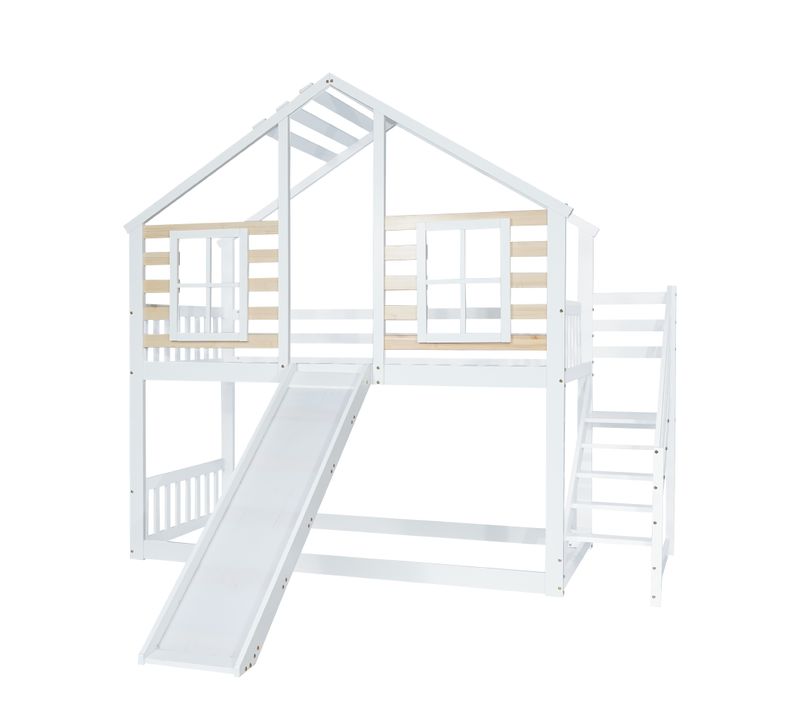 Lit Mezzanine Lit Cabane 90 X 200 Cm Avec Escaliers Et Toboggans En Blanc