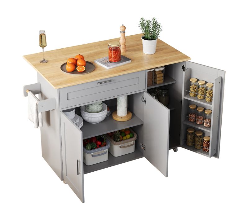 Ilot Central Cuisine Comptoir Avec 3 Portes Et 1 Tiroir Gris