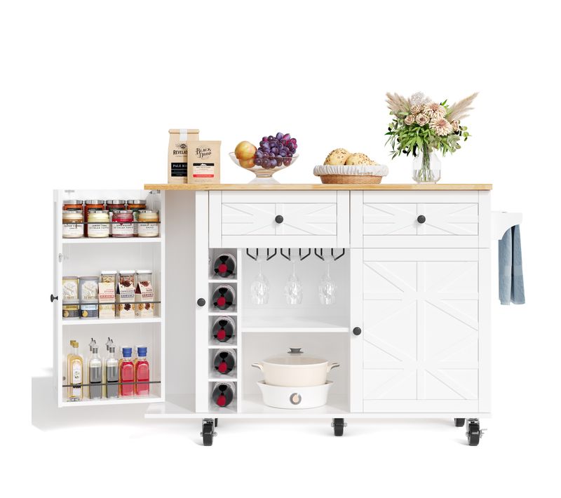 Ilot Central Cuisine Comptoir Avec 2 Portes, Armoire à Vin Et 2 Tiroirs Blanc