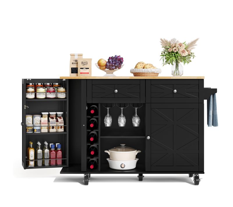 Ilot Central Cuisine Comptoir Avec 2 Portes, Armoire à Vin Et 2 Tiroirs Noir