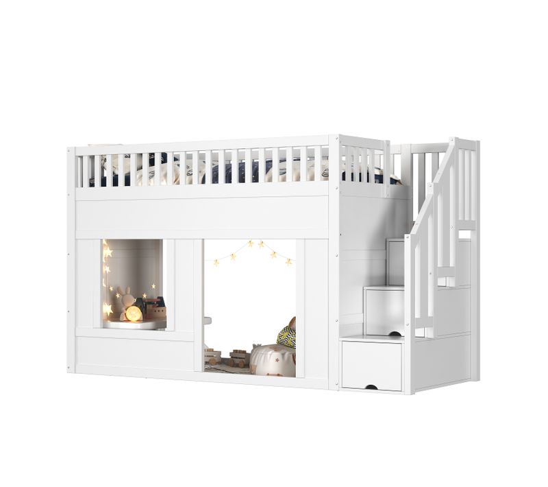 Lit Mezzanine 90 X 200 Cm Avec 3 Escaliers De Rangement Blanc