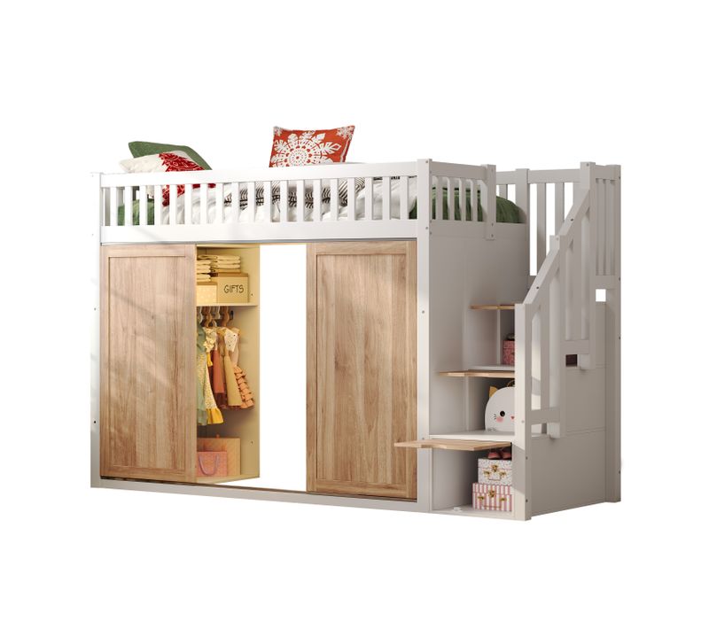 Lit Mezzanine 90 X 200 Cm Avec LED, Armoire Et 3 Escaliers De Rangement Blanc + Imitation Chêne