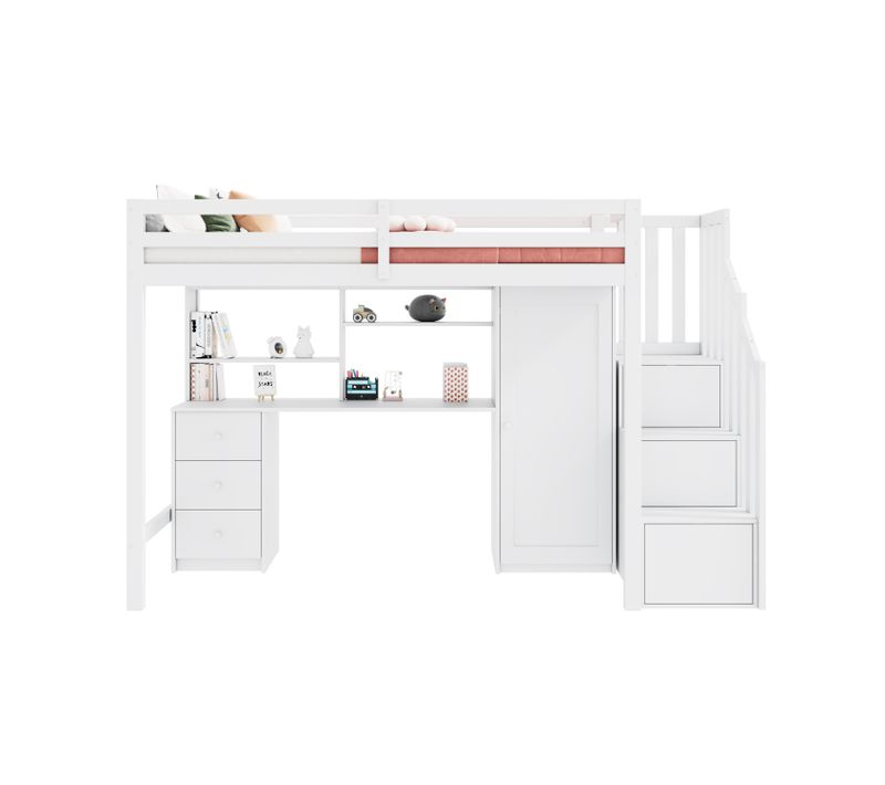 Lit Mezzanine 90 X 200 Cm Avec Bureau, Armoire, 3 Tiroirs Et 3 Escaliers De Rangement Blanc