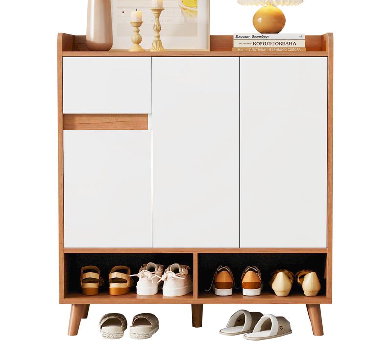 Meuble à Chaussures Avec 3 Portes Et 1 Tiroir Blanc + Imitation Chêne