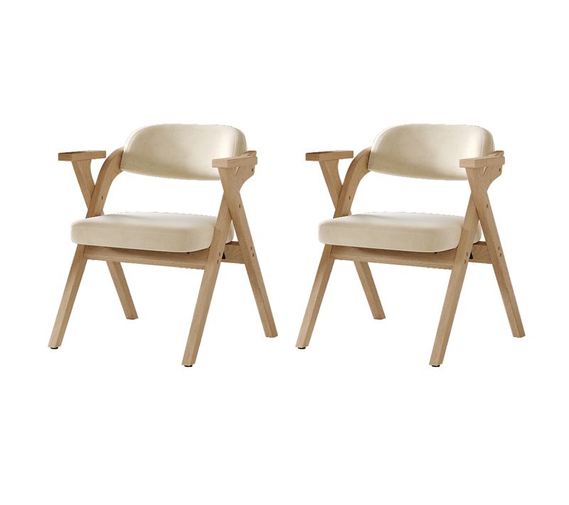 Lot De 2 Chaises En Bois Massif Avec Pliantes Avec Coussins En Velours Beige