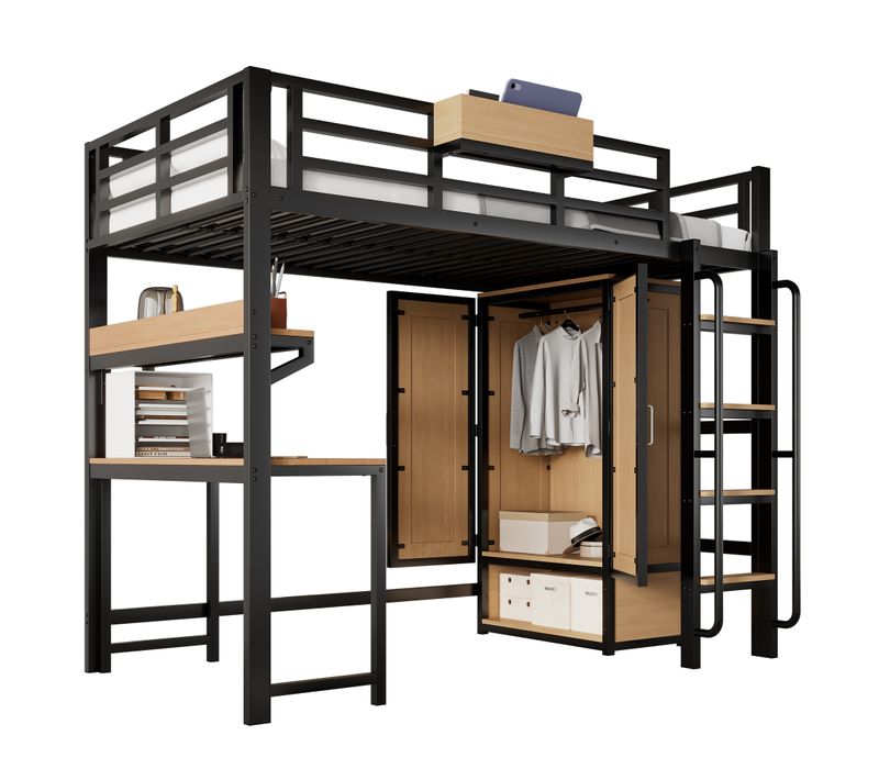Lit Mezzanine 90 X 200 Cm Avec Bureau, Étagères Et Armoire En Métal Noir