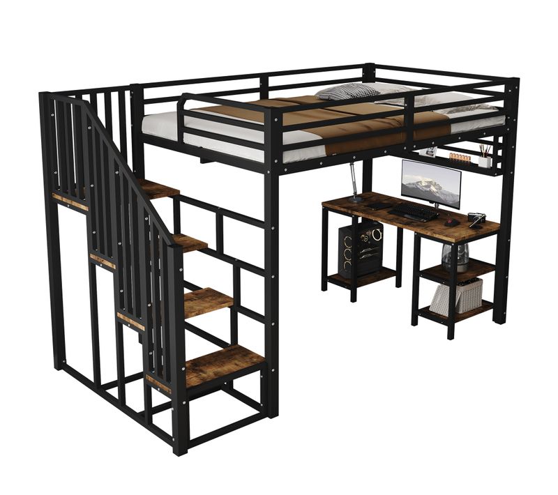 Lit Mezzanine 120 X 200 Cm Avec Bureau, Étagères Et Escaliers En Métal Noir