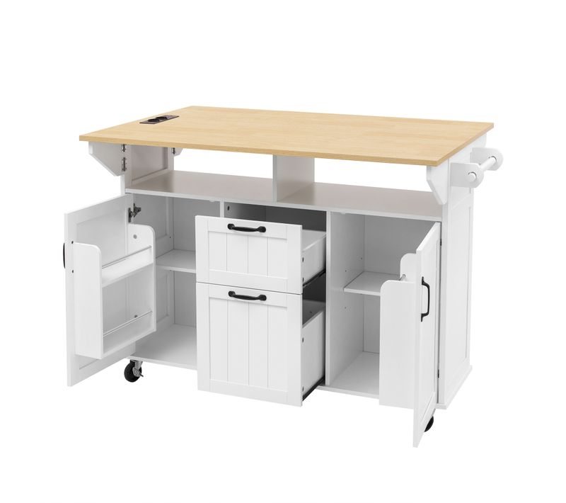 Ilot Central Ilot De Cuisine Avec 2 Portes, 2 Tiroirs Et Bureau Pliable Blanc