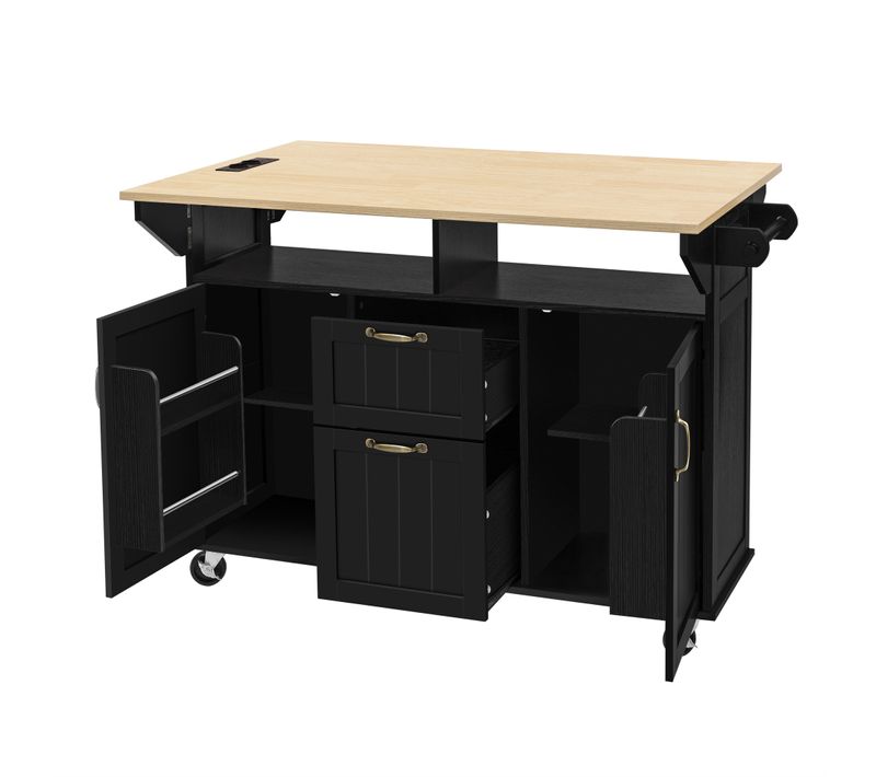 Ilot Central Ilot De Cuisine Avec 2 Portes, 2 Tiroirs Et Bureau Pliable Noir