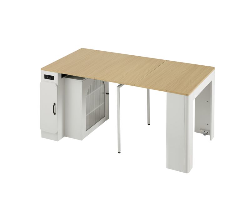 Ilot Central Ilot De Cuisine Avec LED, 2 Portes Et Table Extensible Blanc