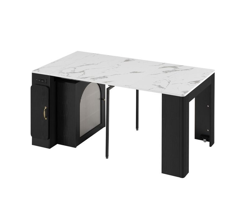 Ilot Central Ilot De Cuisine Avec LED, 2 Portes Et Table Extensible Noir