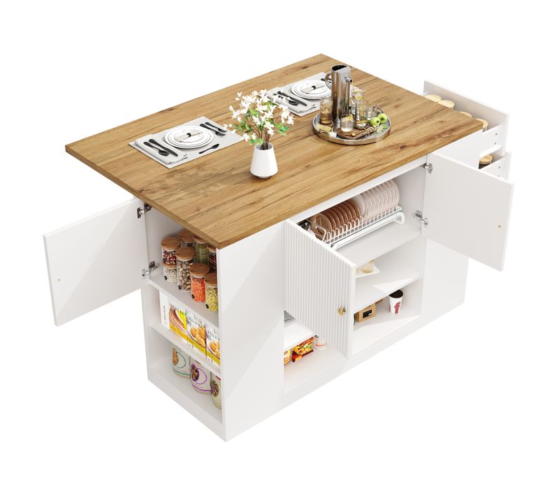 Ilot Central Ilot De Cuisine Avec 3 Portes, 2 Tiroirs Et Bureau Pliable Blanc