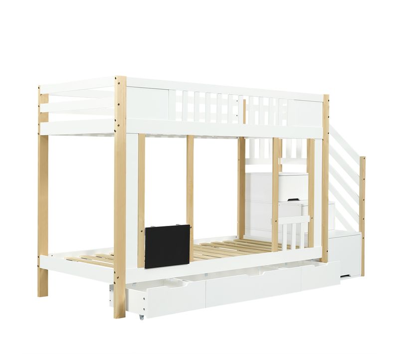 Lit Superposé 2x90x200cm Avec 3 Tiroirs Et 3 Escaliers De Rangement Blanc Et Imitation Chêne