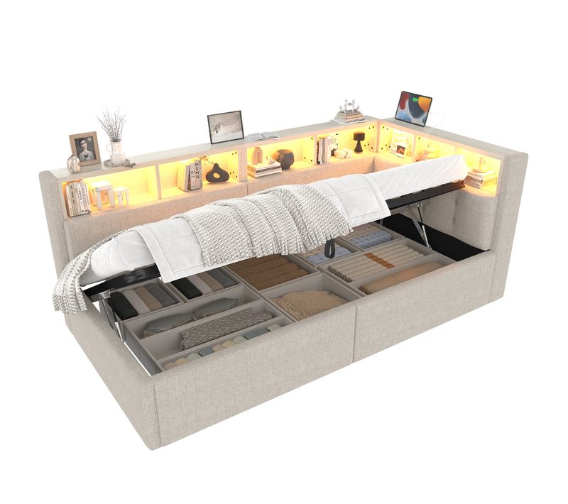 Lit Coffre 90x200cm Avec LED, USB Et Plusieurs Compartiments De Rangement Lin Beige