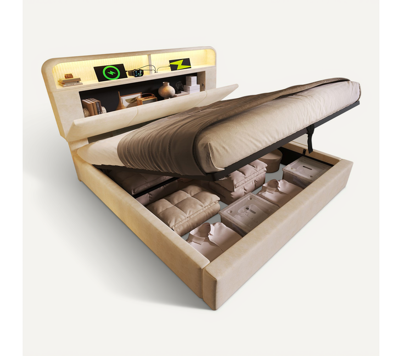 Lit Coffre 160x200cm Avec LED, USB Et Tête De Lit Avec Rangement Velours Beige