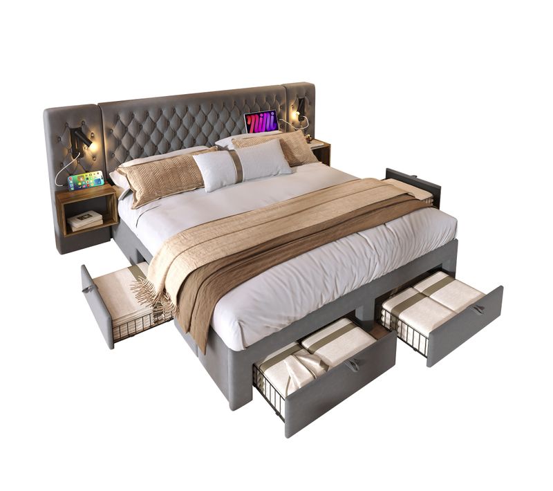 Lit 160x200cm Avec 4 Tiroirs, 2 Tables De Chevet Et Lampes De Lecture Velours Gris