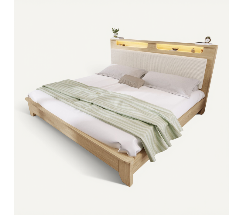 Lit En Bois 160x200cm Avec LED Et Sommier Imitation Chêne