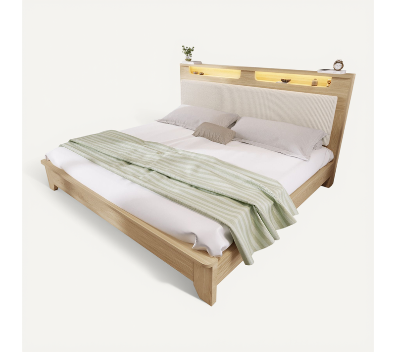 Lit En Bois 180x200cm Avec LED Et Sommier Imitation Chêne