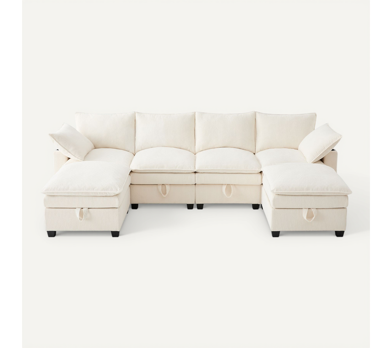 Canapé Angle Fixe 5-6 Places Avec USB, Porte-gobelet Et 6 Espaces De Rangement Beige