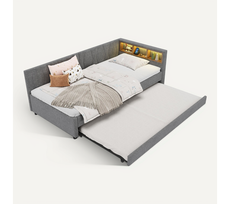 Lit Gigogne 90 X 200cm Avec LED Et USB Lin Gris