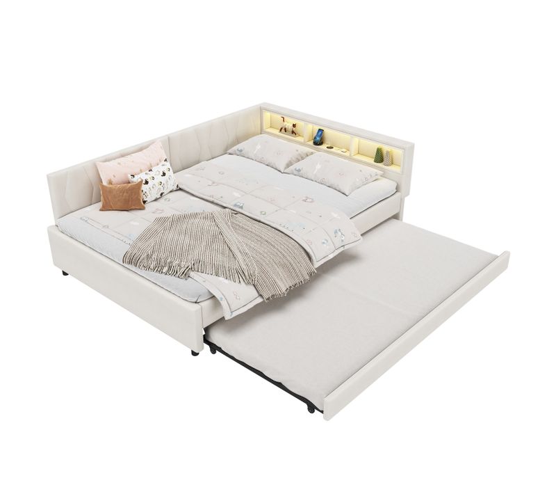 Lit Gigogne 140 X 200cm Avec LED Et USB Lin Beige