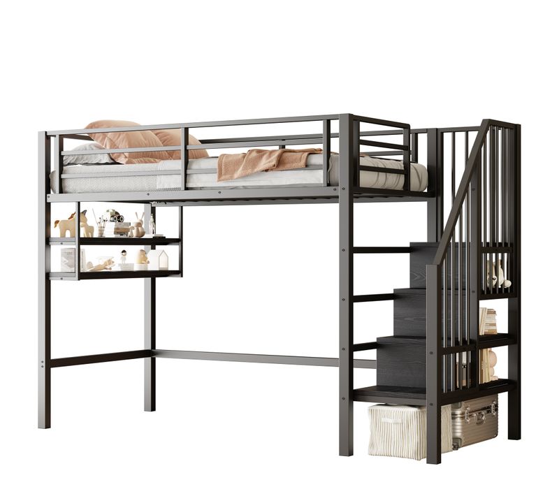 Lit Mezzanine 90 X 200cm Avec Escalier Et Étagères De Rangement Multicouches Noir