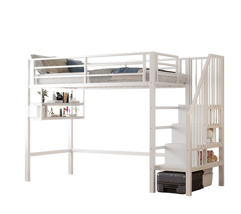 Lit Mezzanine 90 X 200cm Avec Escalier Et Étagères De Rangement Multicouches Blanc